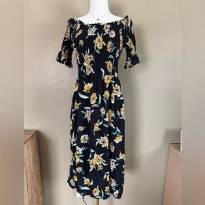 MELLODAY Anthropologie Black Floral smocked Dress M